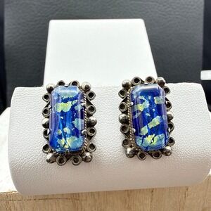 Vintage Mexico Screw Back Earrings Stamped Silver Blue Confetti Art Glass Studs
